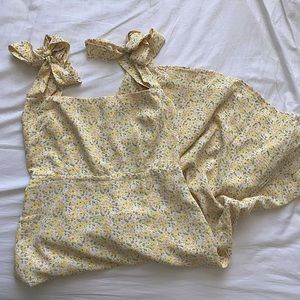 Commense Yellow Floral Tie Strap Full Slit Dress